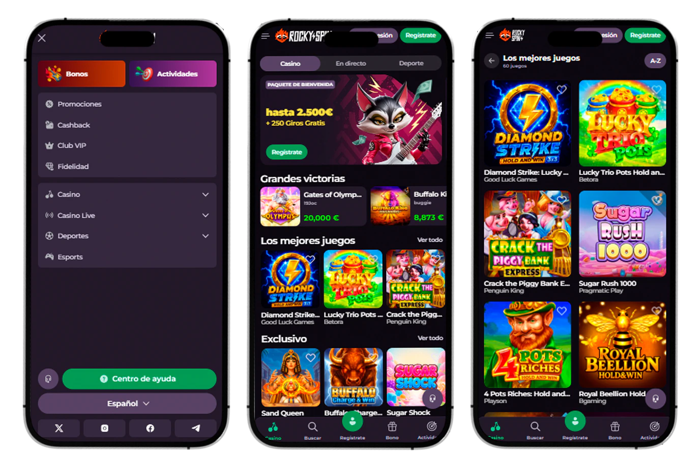 Acceso móvil a RockySpin Casino desde smartphones y tablets
